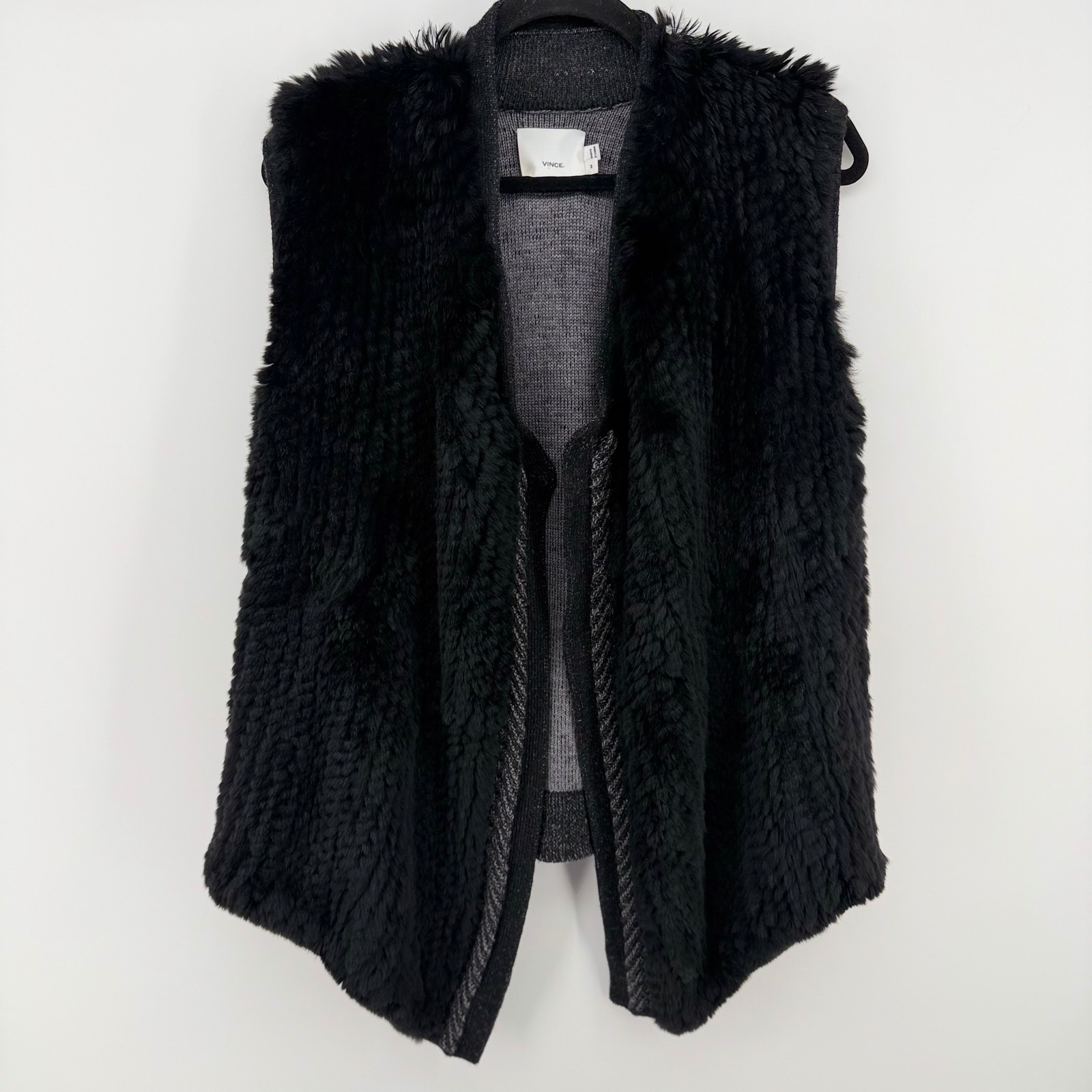 Vince Black Sheared Rex Rabbit Fur Wool Knit Open Front Vest M Medium Luxe